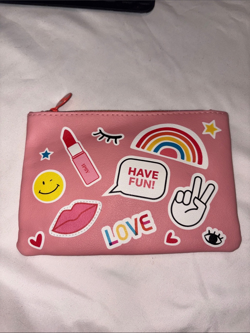 Pink Sticker-Print Cosmetic Pouch - "Have Fun!"